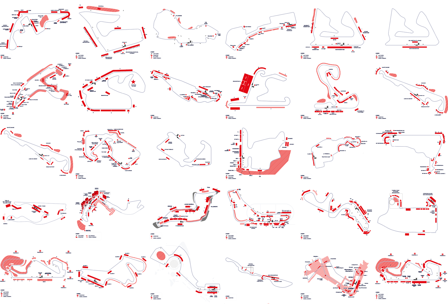 50 SVG circuit maps — interactive zone and grandstand selection